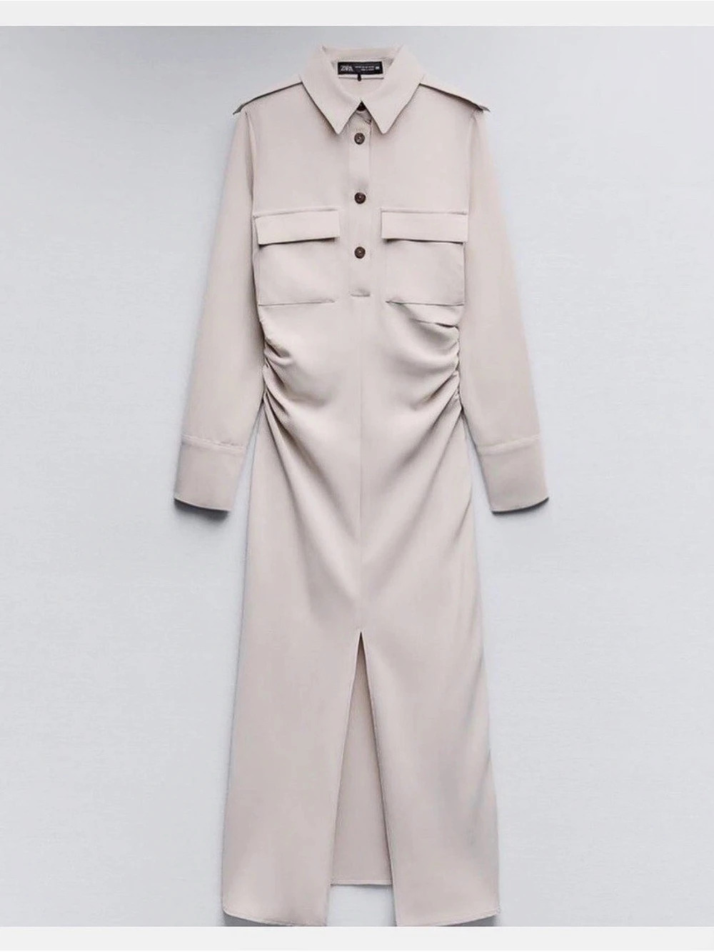 ZARA Beige Long Sleeve Ruched Maxi Dress